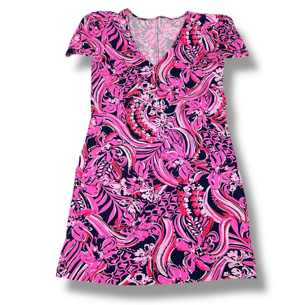 Lilly Pulitzer Aleece Dress Women’s Medium Pink Low Tide Navy Flirty Fins V-Neck